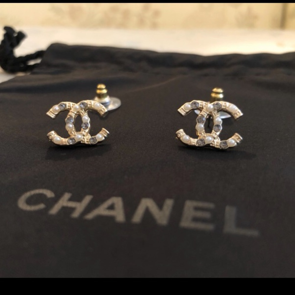 CHANEL Pearl & CZ Gold Stud Earrings
